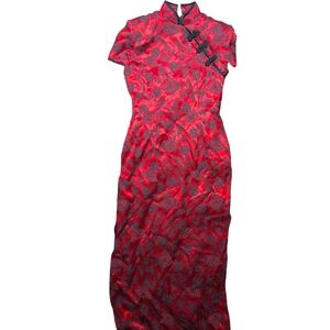 VINTAGE 80s Red Satin & Black Velvet Cheongsam Maxi Dress by Positive Attitude